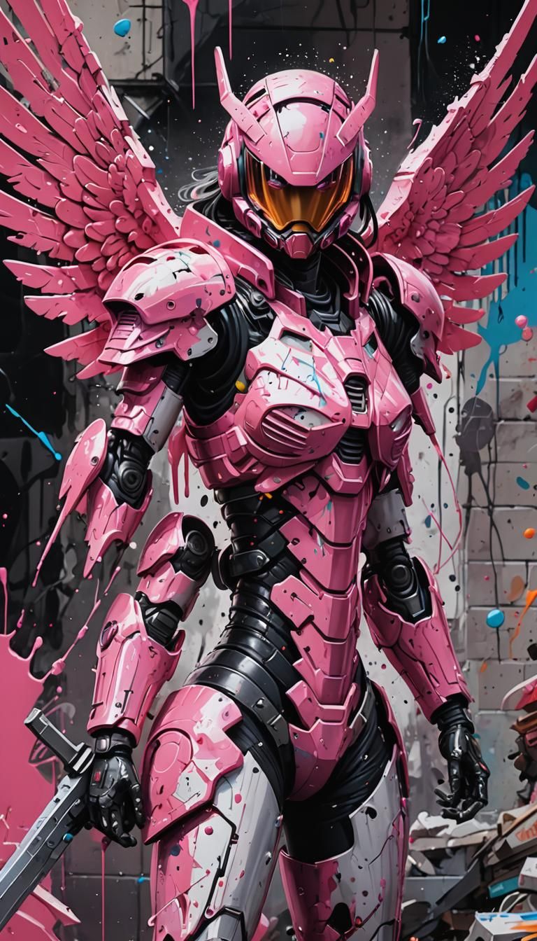 Pink Armored Battle Angel in Graffiti Art Style