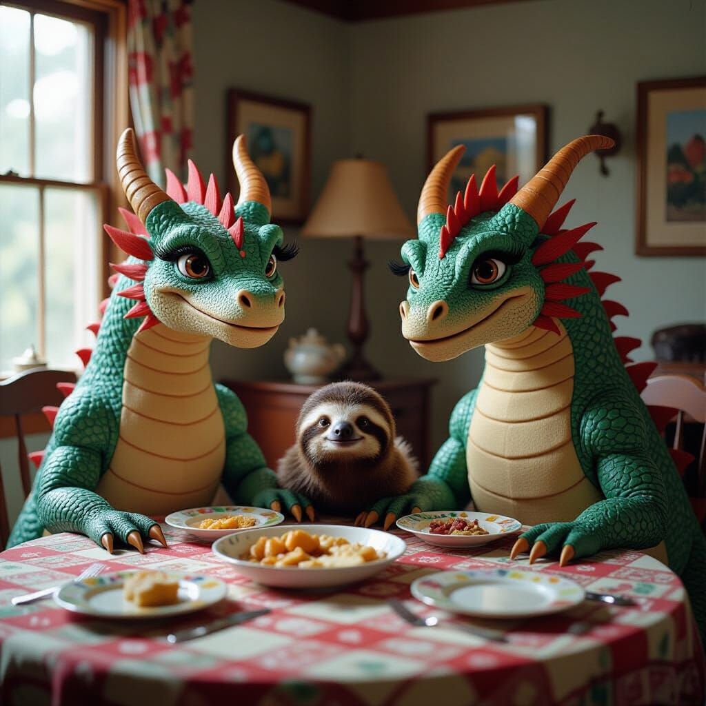 Dragons and Sloth Feasting in Cozy Home