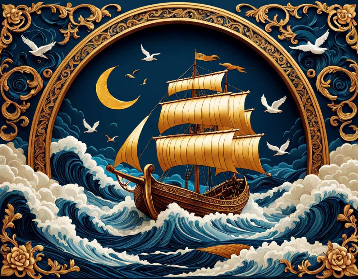 Viking Longship on Turbulent Waves in Textile Art Style