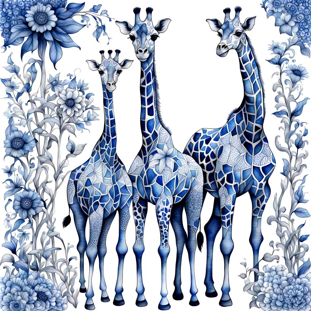 Delft Blue Giraffe Zentangle Watercolor Illustration