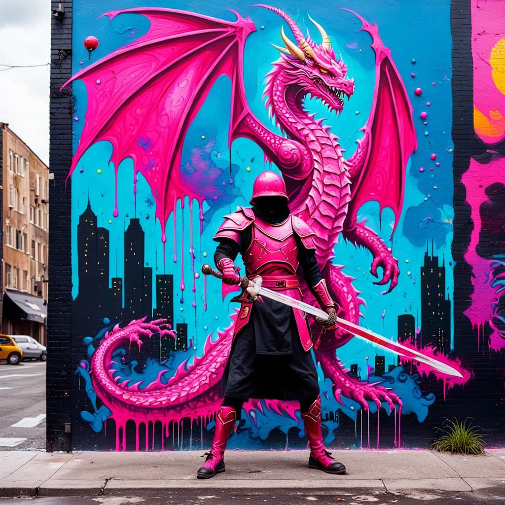 Hot Pink Dragon Humanoid Cleric in Urban Graffiti Art