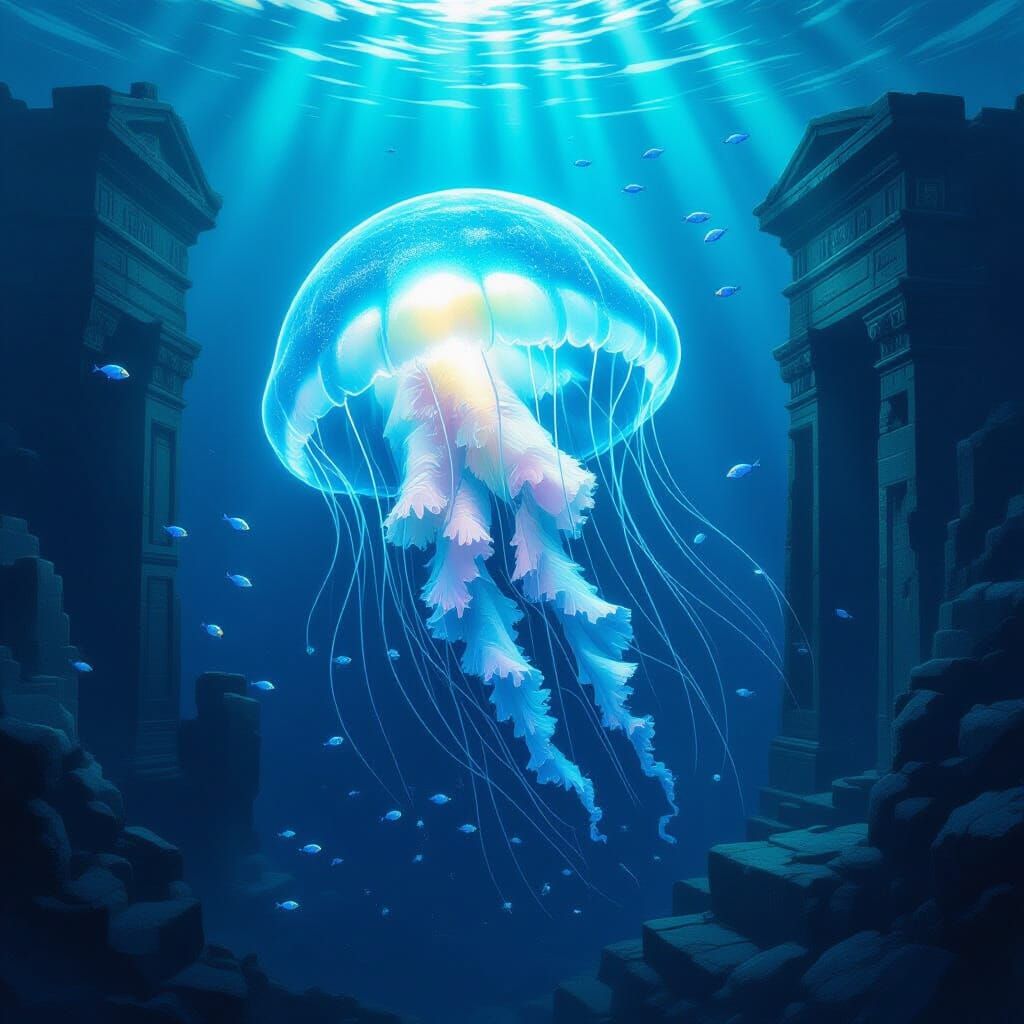 Bioluminescent Jellyfish in Deep Sea Ruins