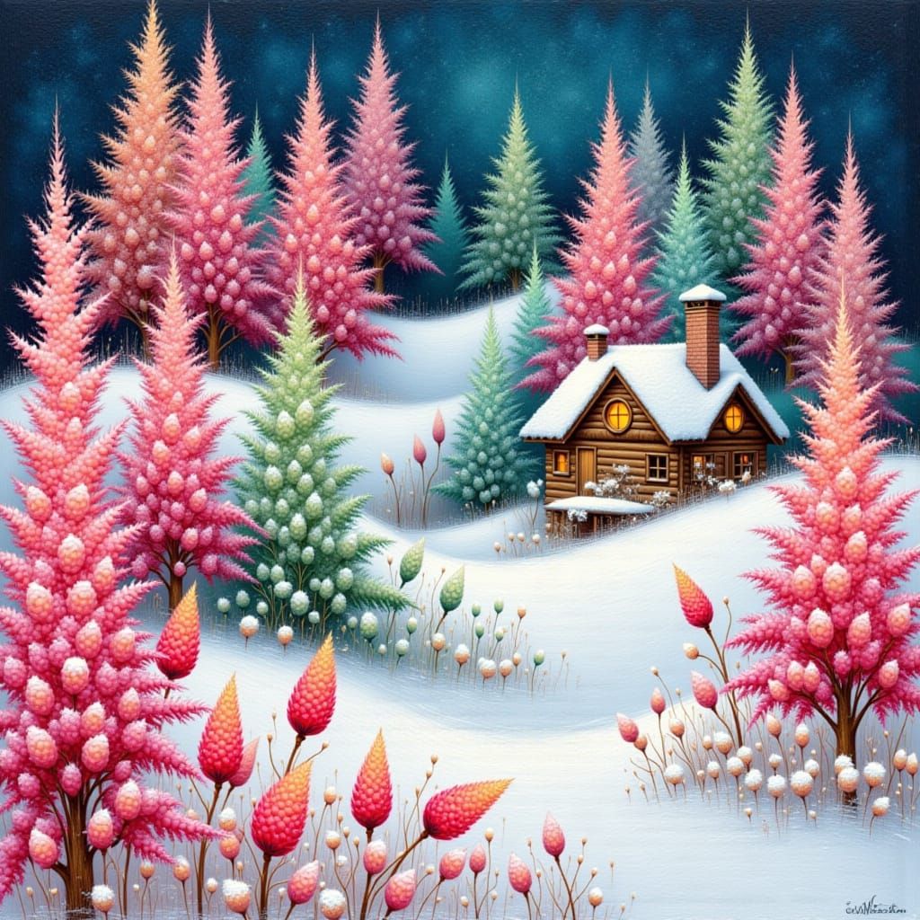 Fairy Cottage in Snowy Winter Landscape Crayon Mural Style