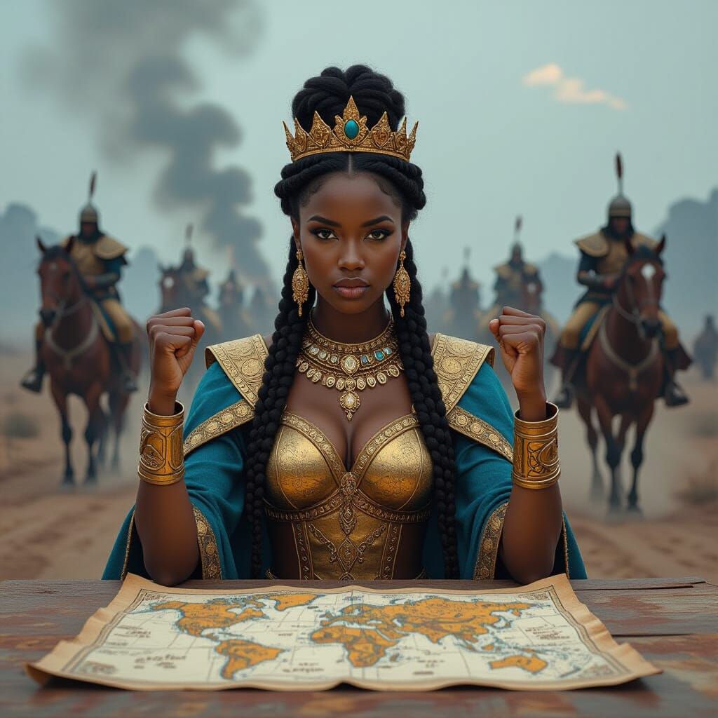 African Queen Confronts War, Dark Realism Style