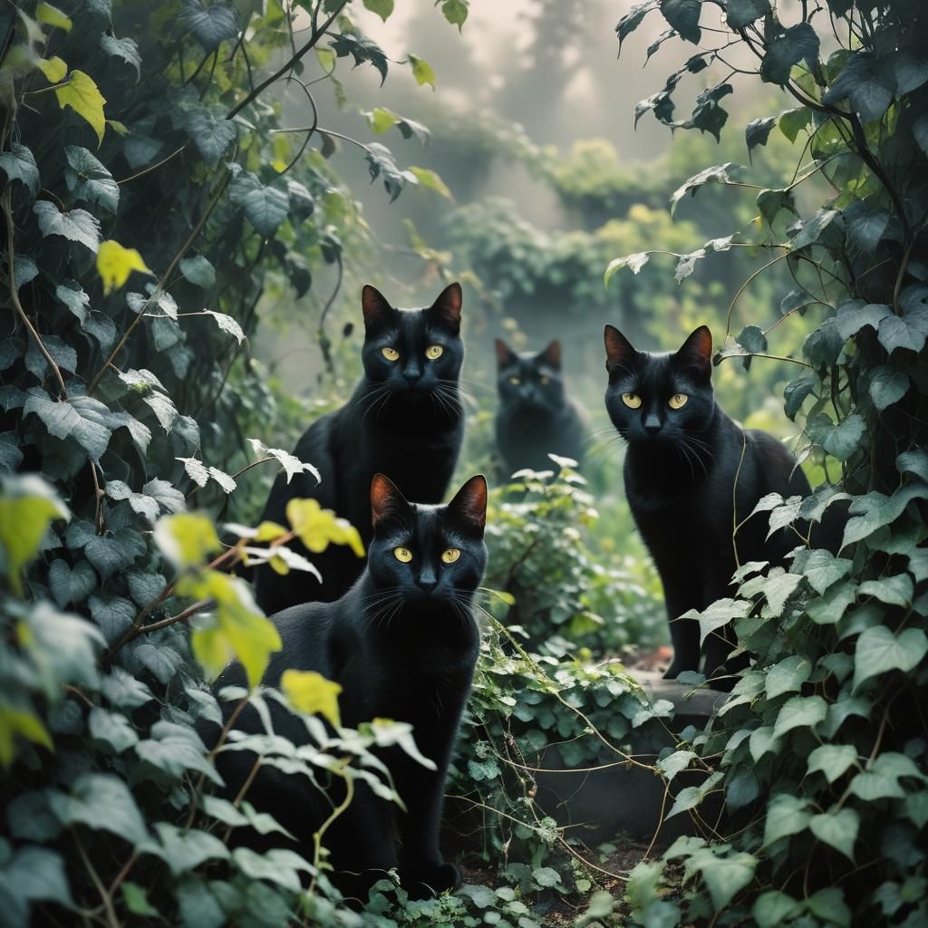 Gothic Black Cats in Overgrown Misty Garden