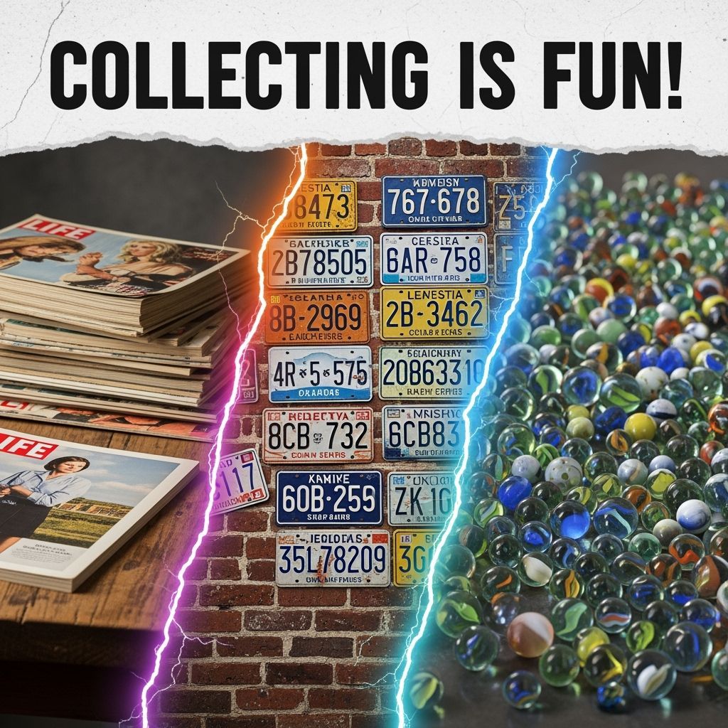 Triptych Panorama: Vintage Magazines, License Plates, and Ma...