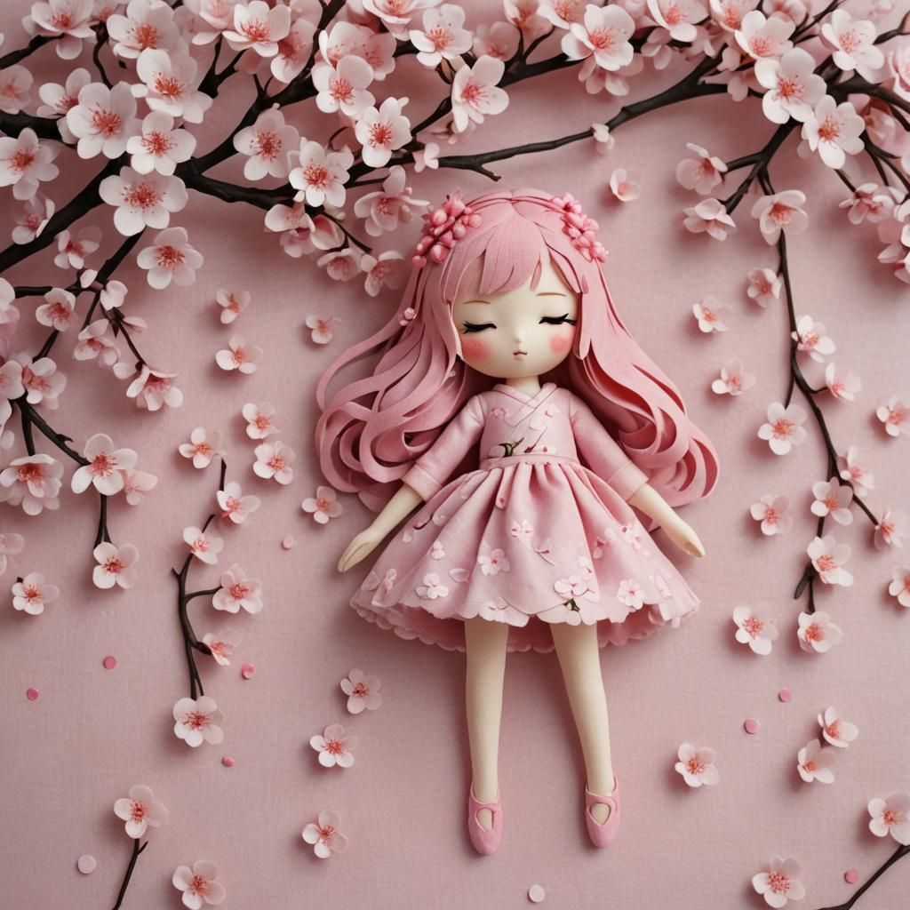 Cherry Blossom Fabric Doll in Anime Style