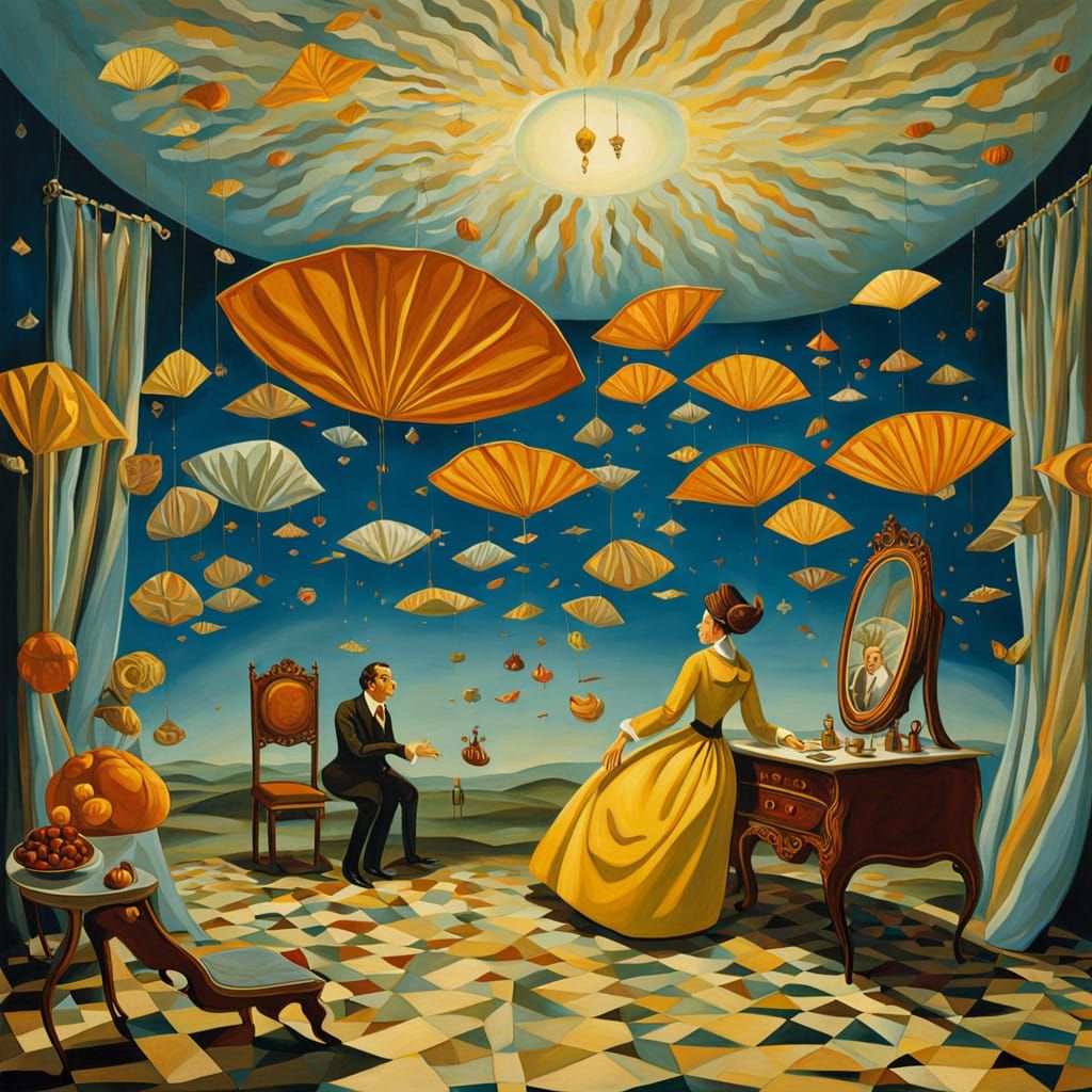 Elegant Ladies in a Dreamlike Landscape, Surrealist Painting