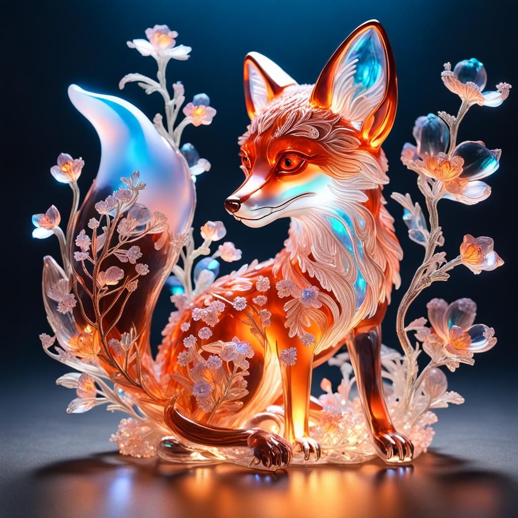 Bioluminescent Flowers Inside Crystal Fox Sculpture