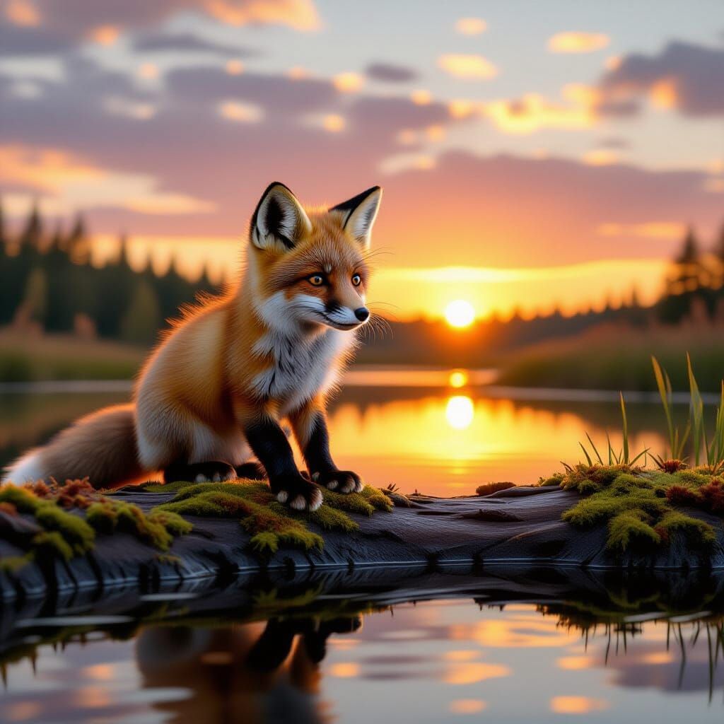 Baby Fox on Log at Sunset Pond, Photorealistic Style