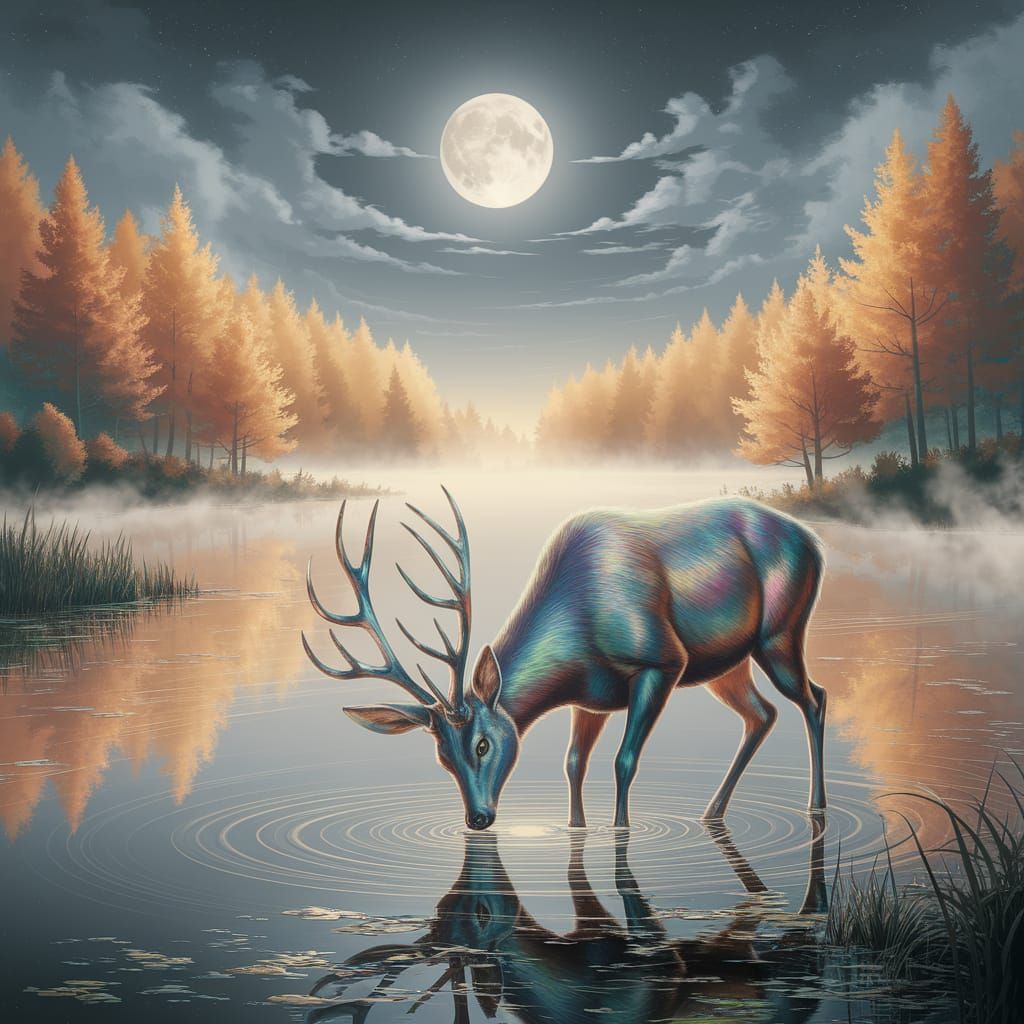 Mystical Deer Shimmers Under Moonlight in Fantasy Style