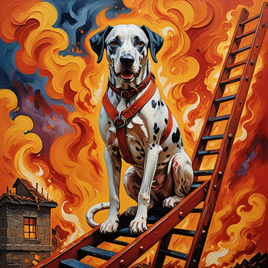 Dalmatian Firefighter Ascends Ladder in Neo-Expressionist Ma...
