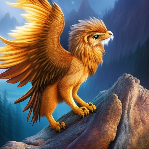 Cute Rainbow Griffin Cub in Art Nouveau Style