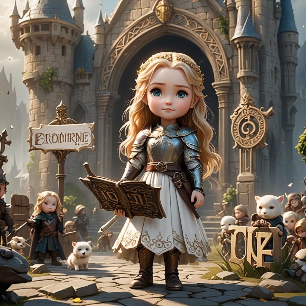 Chibi Eowyn Holding Sign, Detailed Digital Art