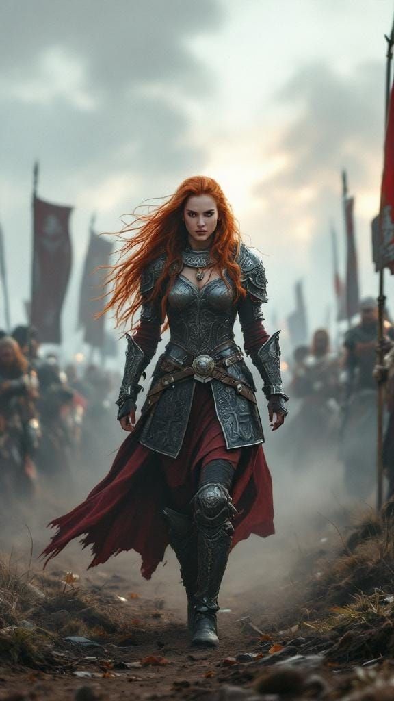 Viking Warrior Woman in Smoky Battlefield Dawn