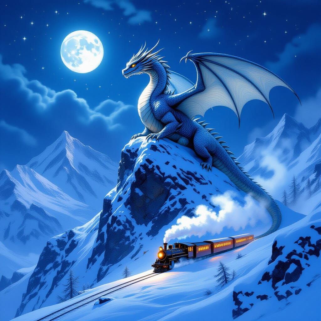 Ancient Ice Dragon on Snowy Peak with Steam Train