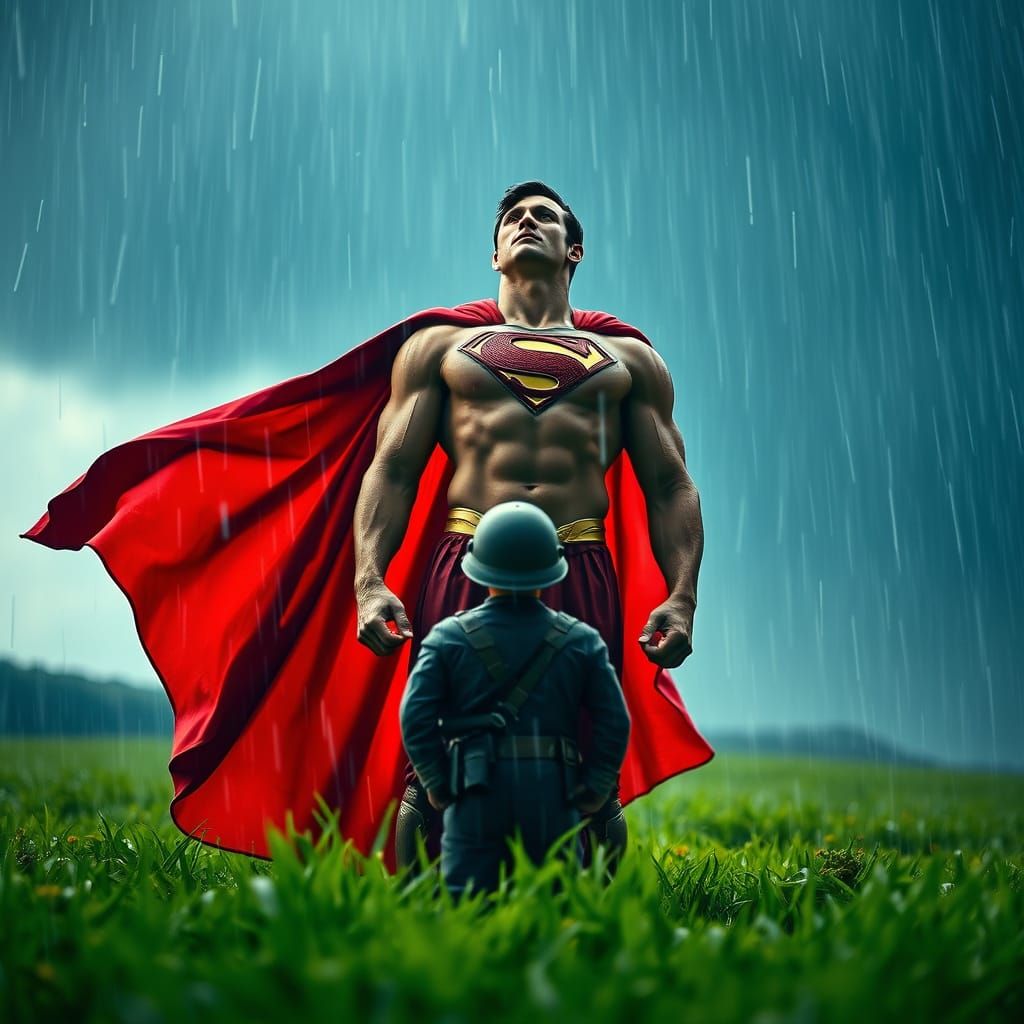 Heroic Figure in Green Field During Storm