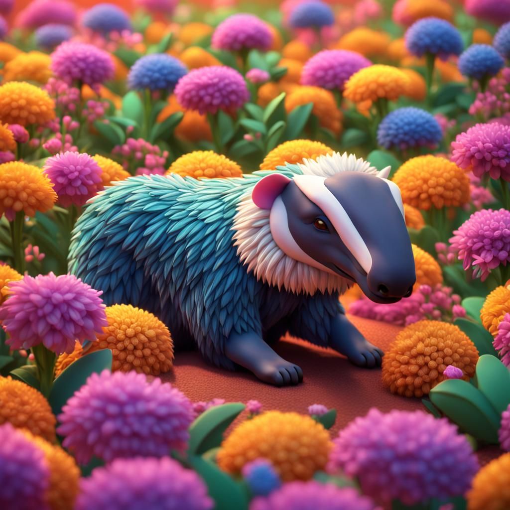 Cartoon Anteater Relaxing Among Flowers as 3D Art