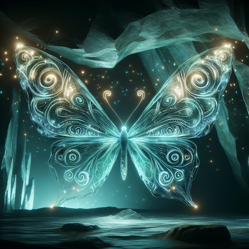 Luminous Butterfly Cave Art in Teal Light