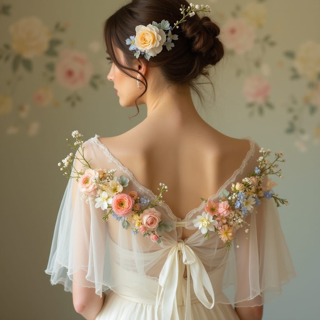 Romantic Bride in Whimsical Pastel Shawl with Garden Roses