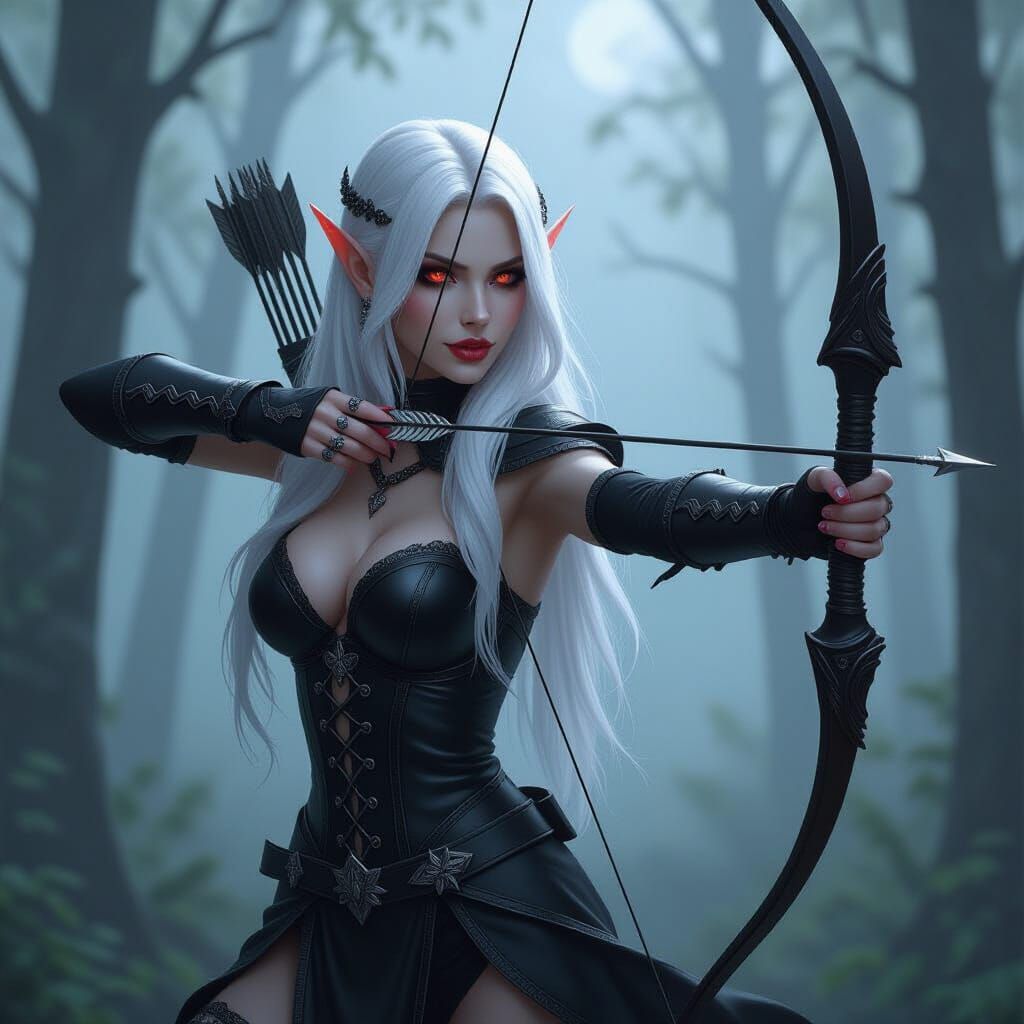 Night Elf Archer in Foggy Forest, Hyperrealistic Fantasy Art