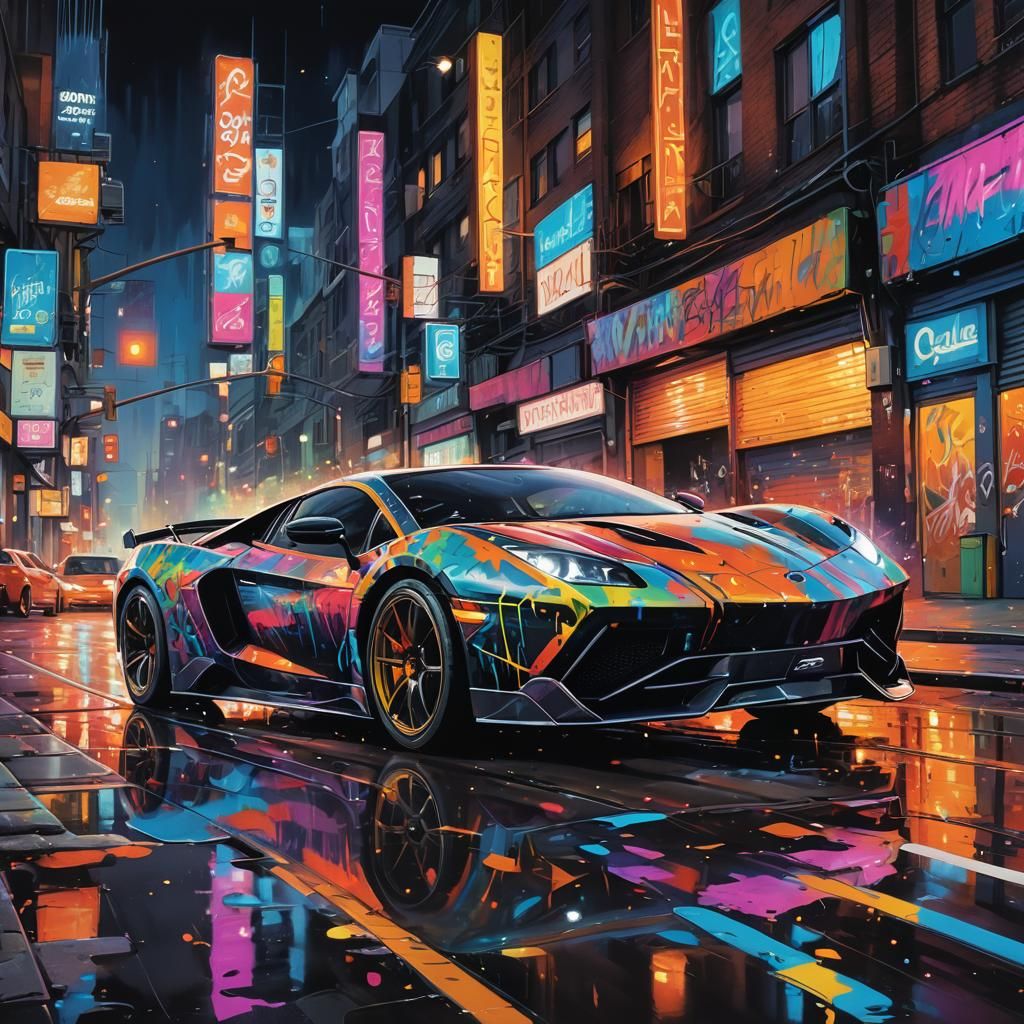 Supercar Graffiti Art in Neon Cityscape