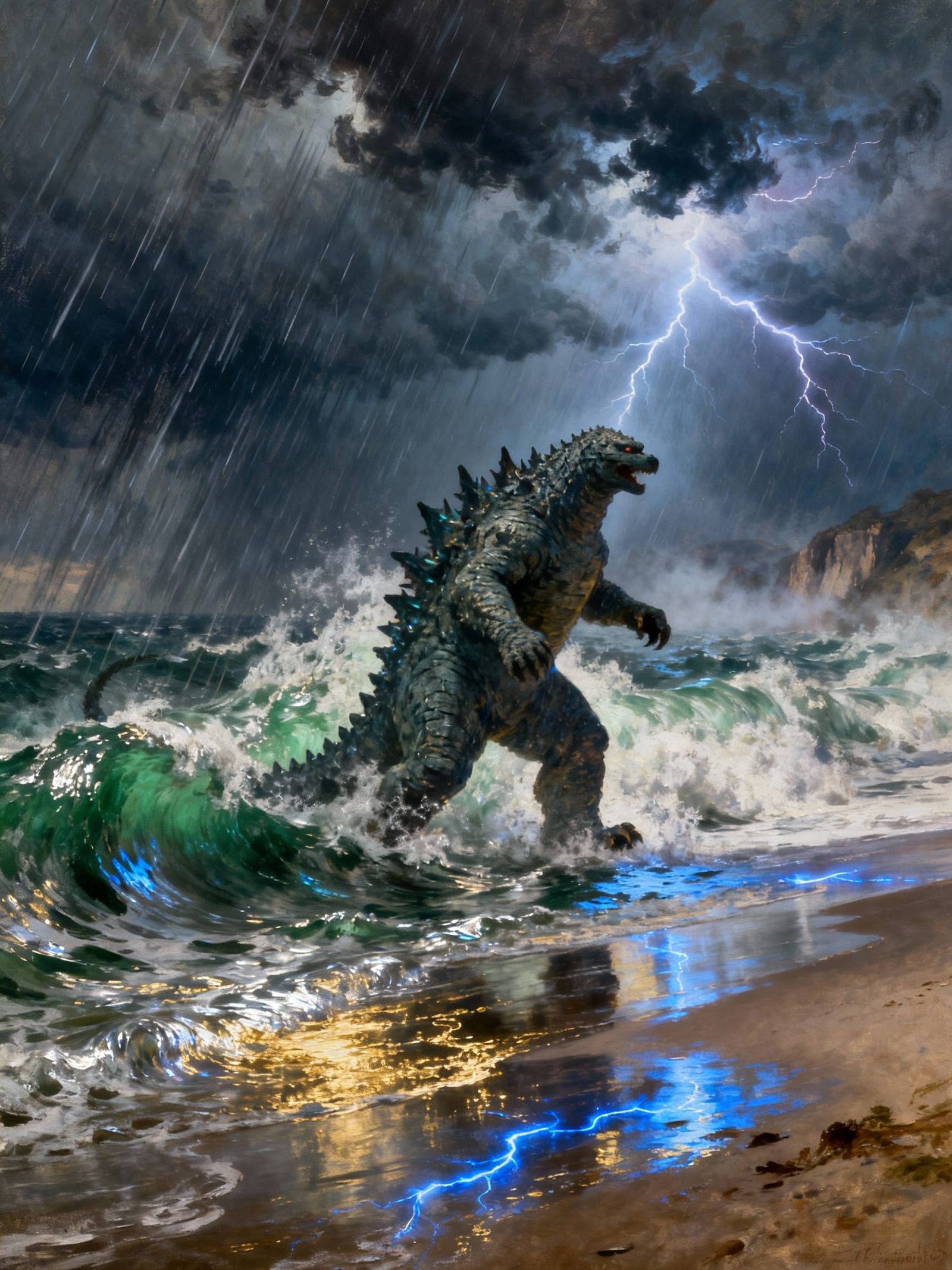 Godzilla Emerges From Stormy Seas Onto Beach