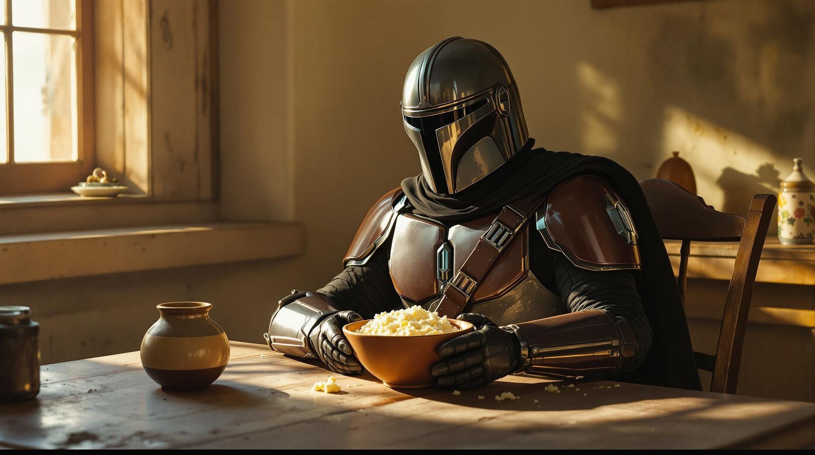 The Mandalorian in a Moment of Dairy Reflection