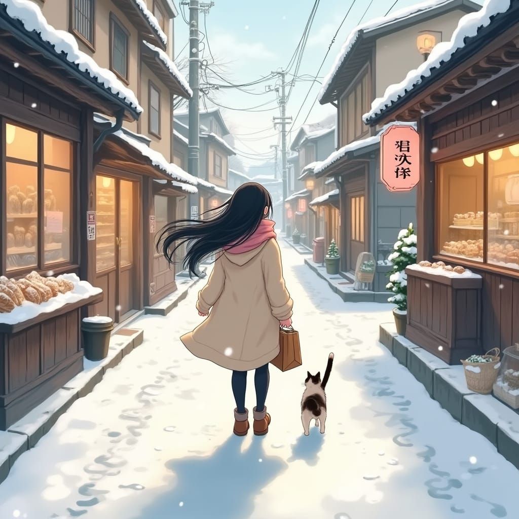 Anime-Style Japanese Girl Walks in Winter Wonderland