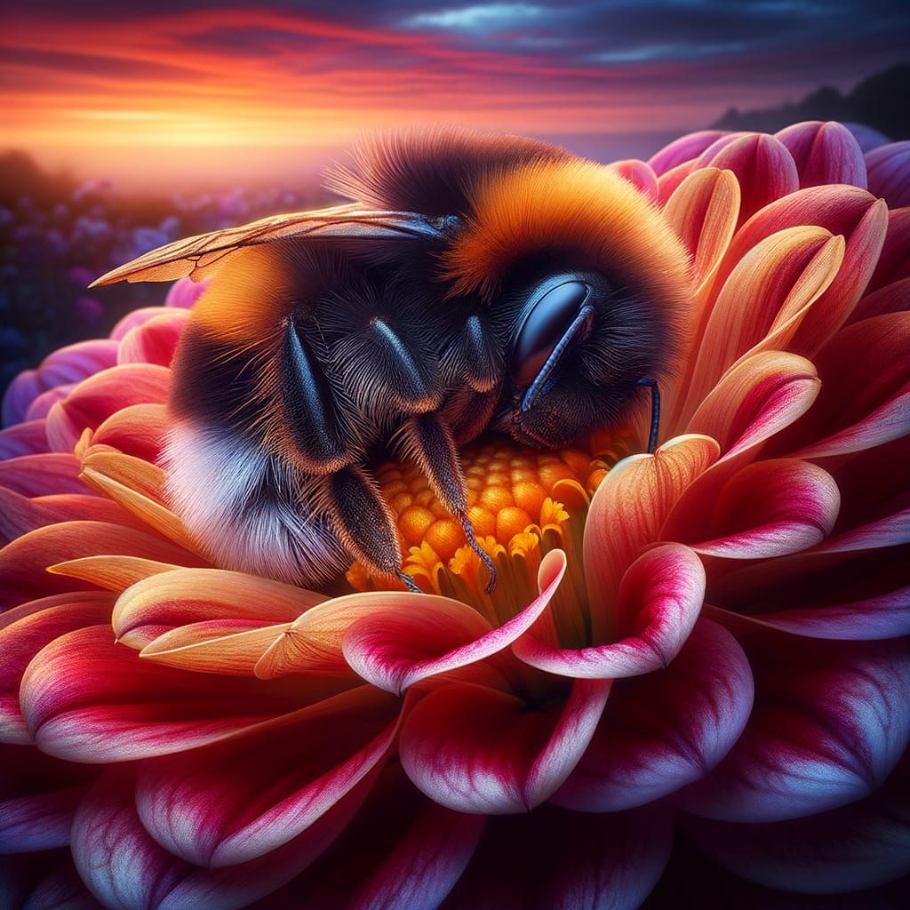 Macro photography of A sleepy bumblebee snoozing on a flower, background sunset, tiered garden