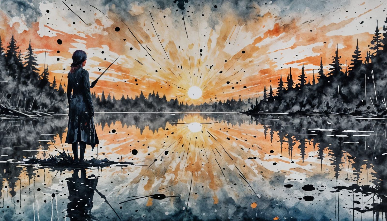 Ink Splatter: Lady in Lake at Sunrise