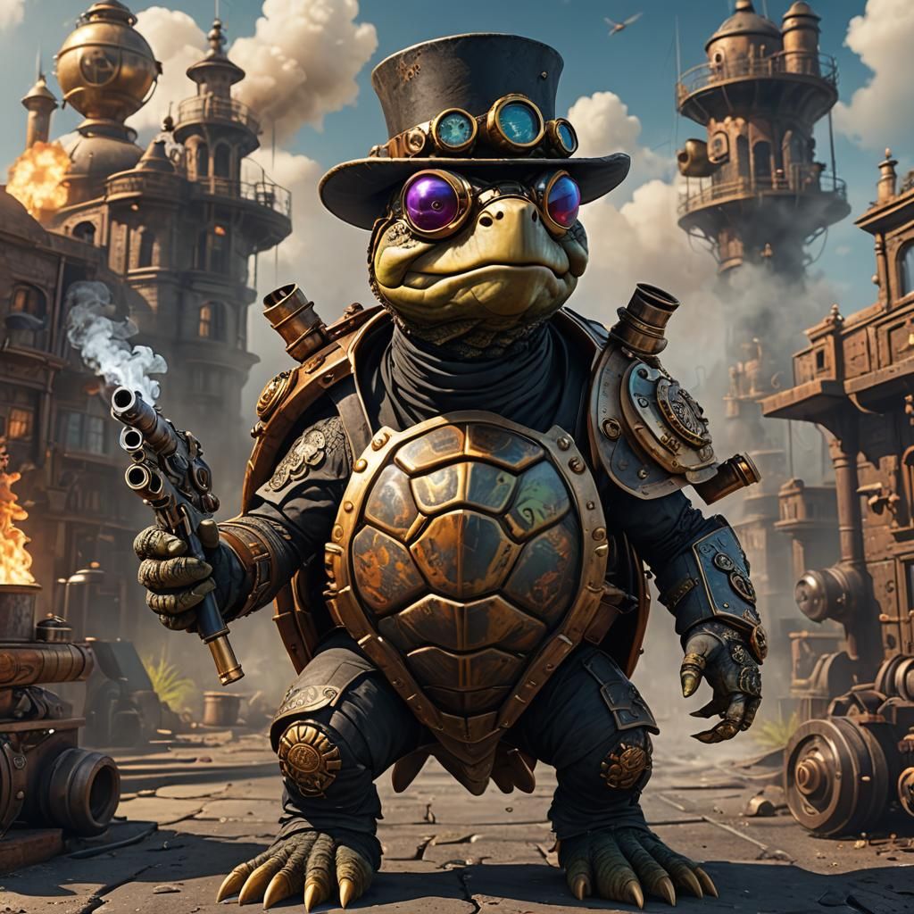 Steampunk Turtle with Gun in Detailed Painting