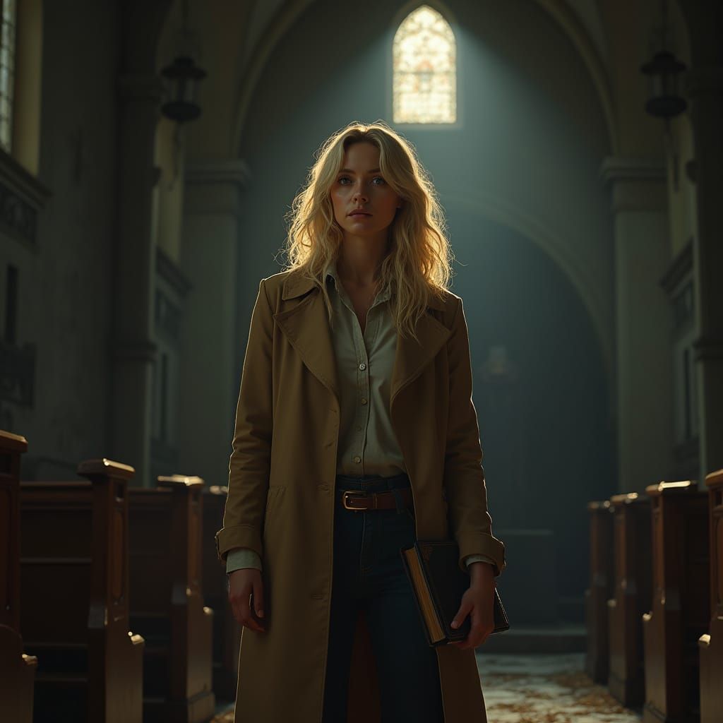 Woman with Bible in Abandoned Church