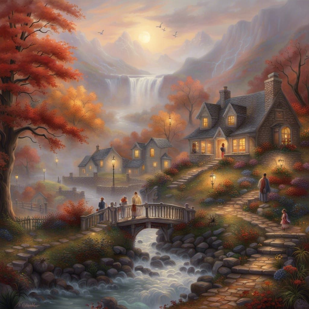 Ethereal Autumn Fantasy Landscape in Kinkade Style