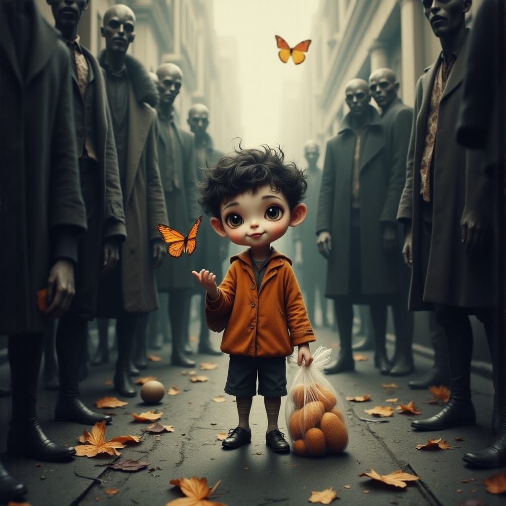 Boy With Butterfly in Gloomy Street, as Digital Art