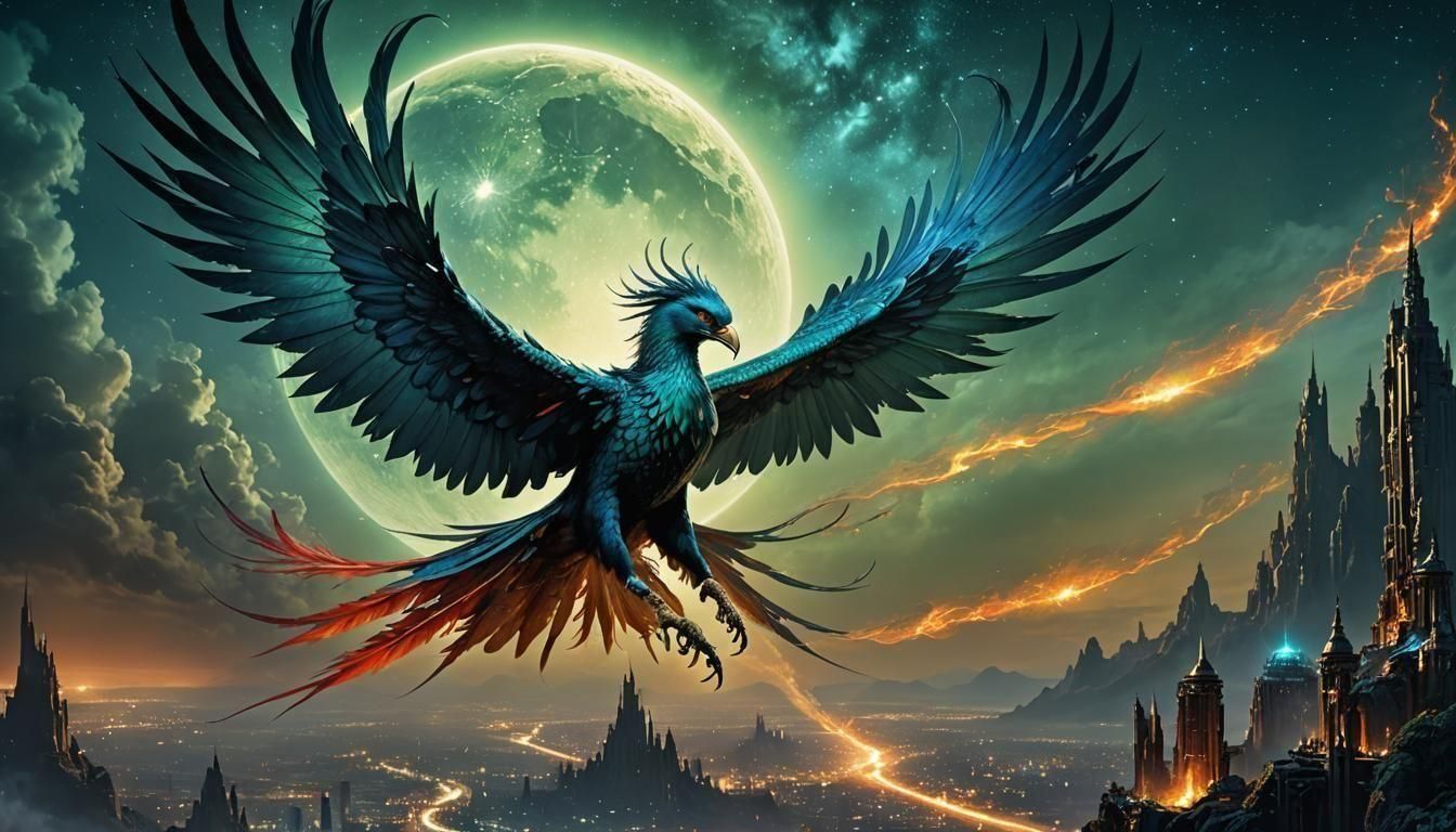 Phoenix in Flight Under a Neon Moon