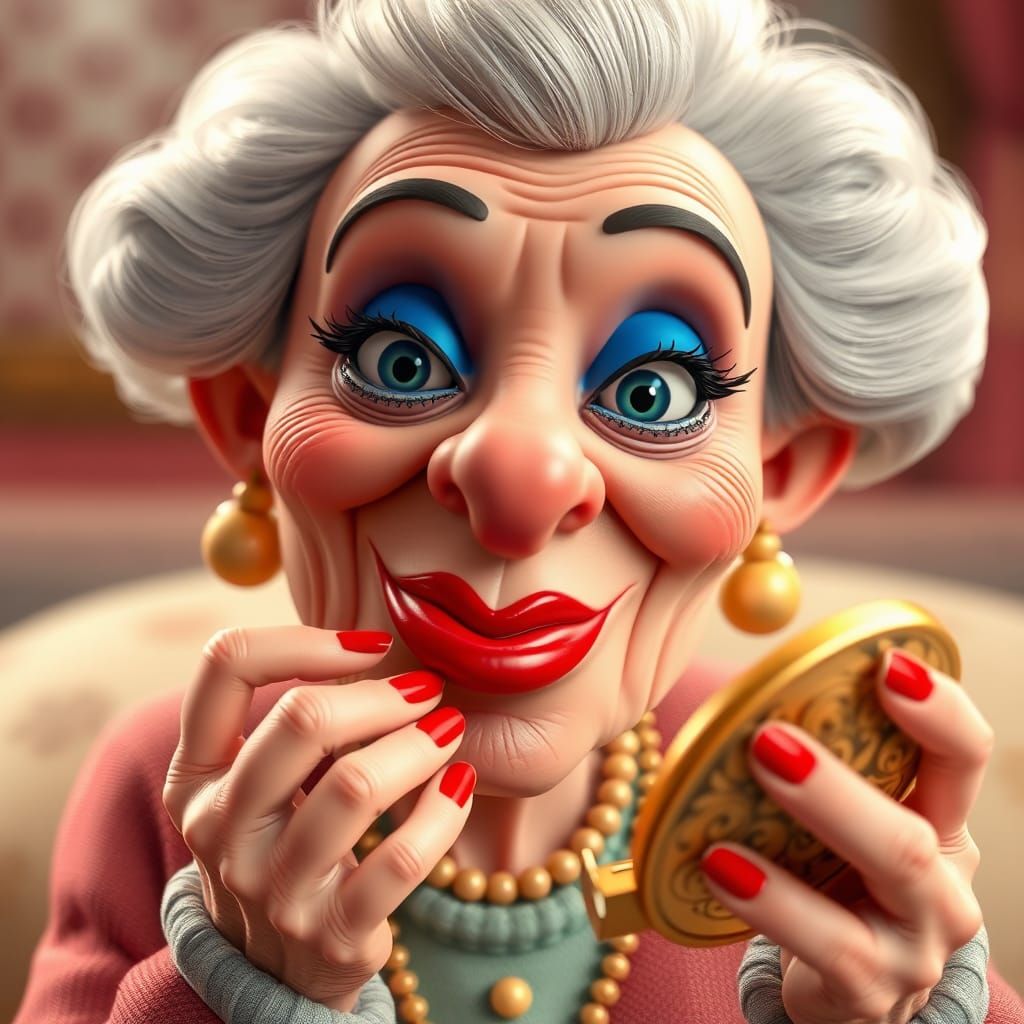 Whimsical 3D Animation: Elderly Lady's Beauty Routine