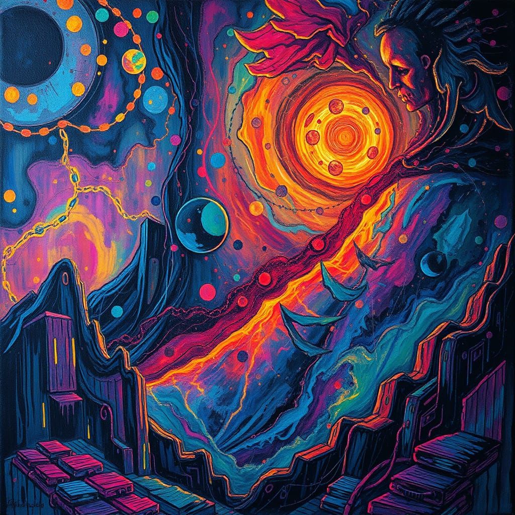 Burning Cyberpunk Tapestry in Iridescent Hues