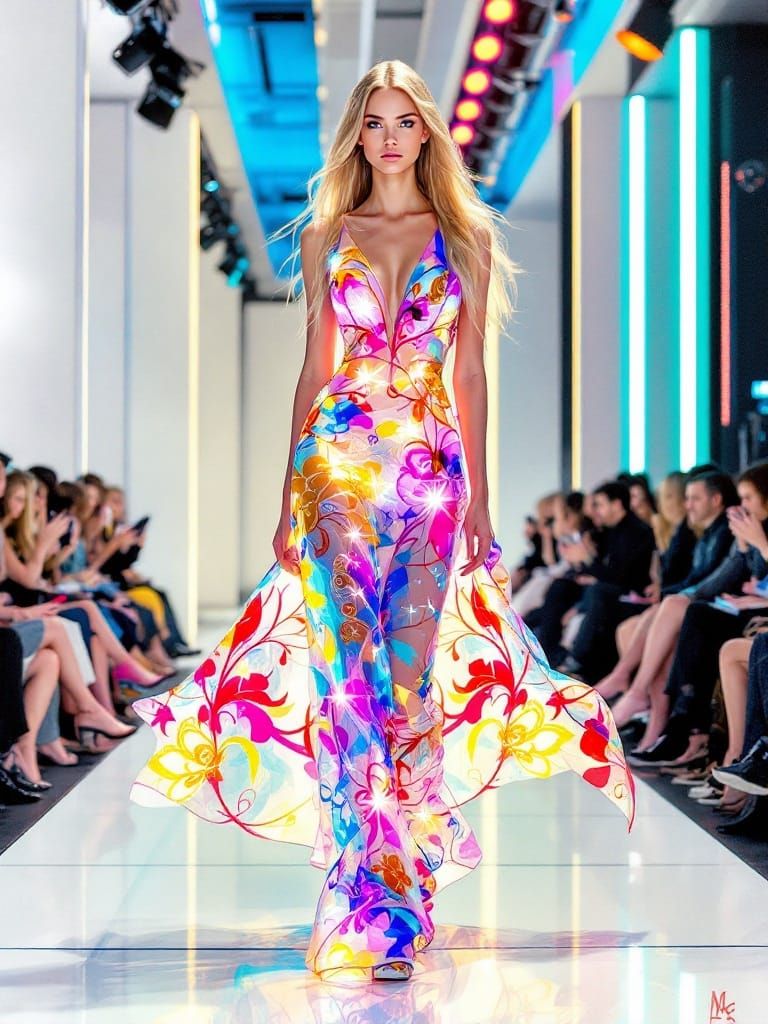 Elegant Runway Model in Vibrant Abstract Art Style