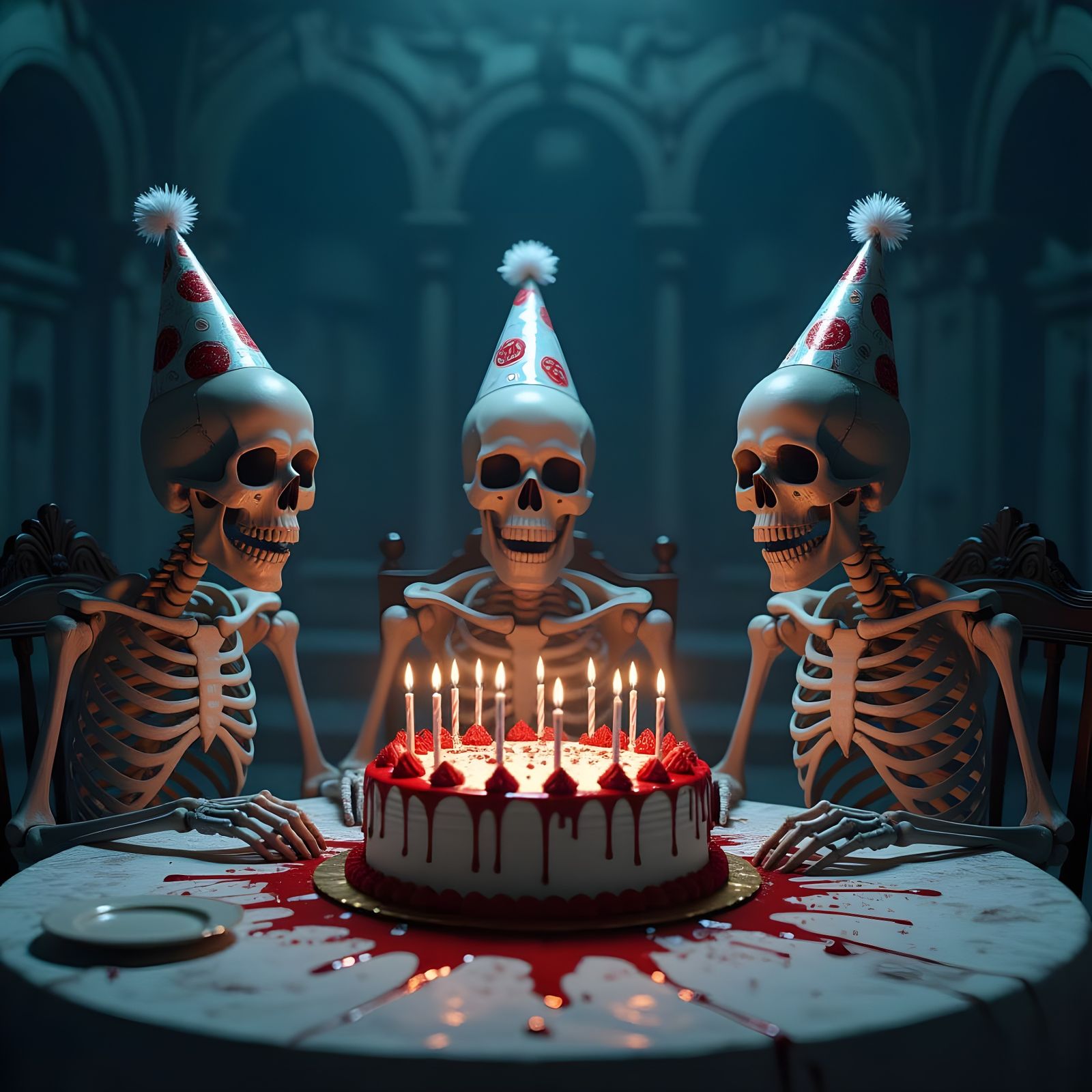 Skeleton Birthday Party in Mausoleum