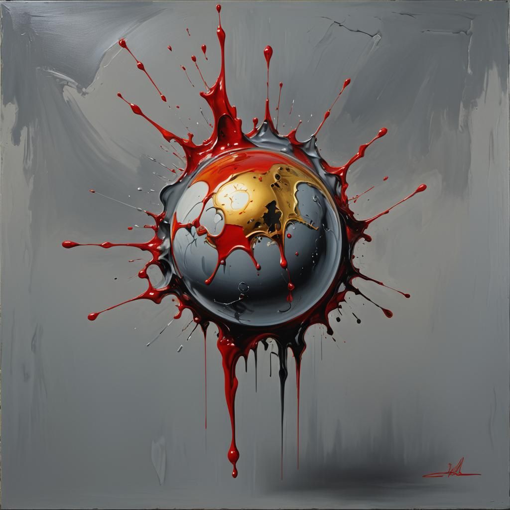 Surreal Sphere with Red Splash, Oil on Canvas