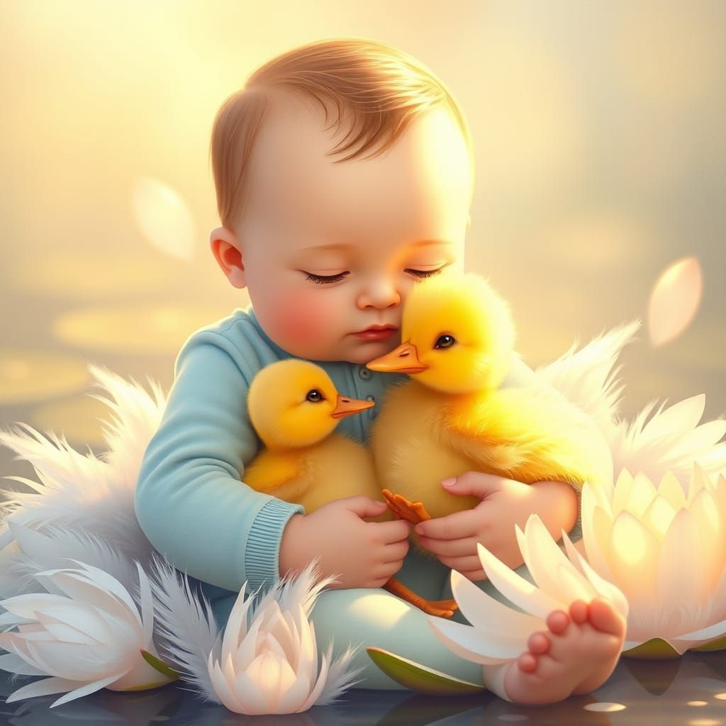 Chubby Baby Boy and Adorable Duckling Share Tender Hug in Wh...
