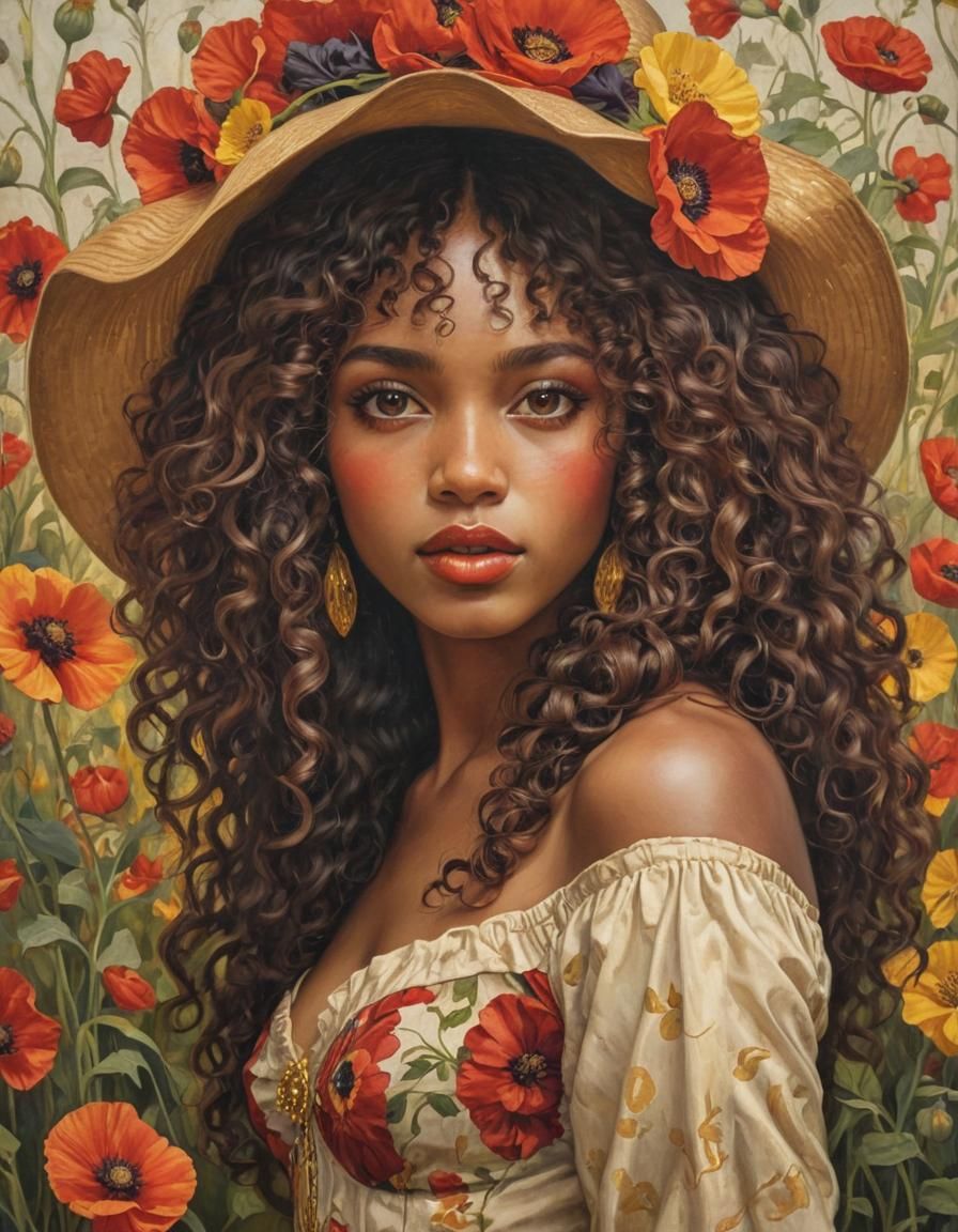 Black Woman Portrait with Flowers, Art Nouveau Style