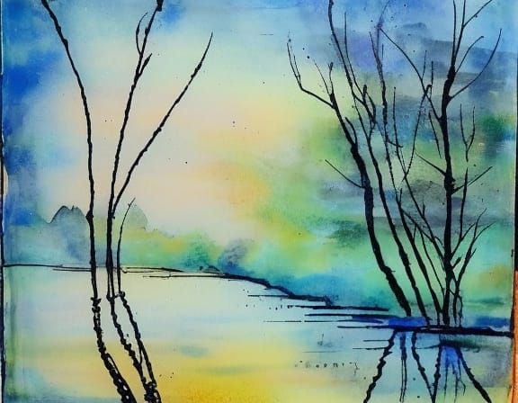 Willow Tree Ink Drawing in Watercolor Style