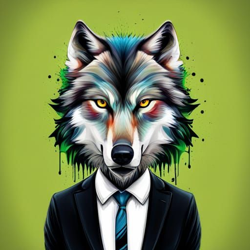 Powerful Wolf Head in Suit: Graffiti Street Art