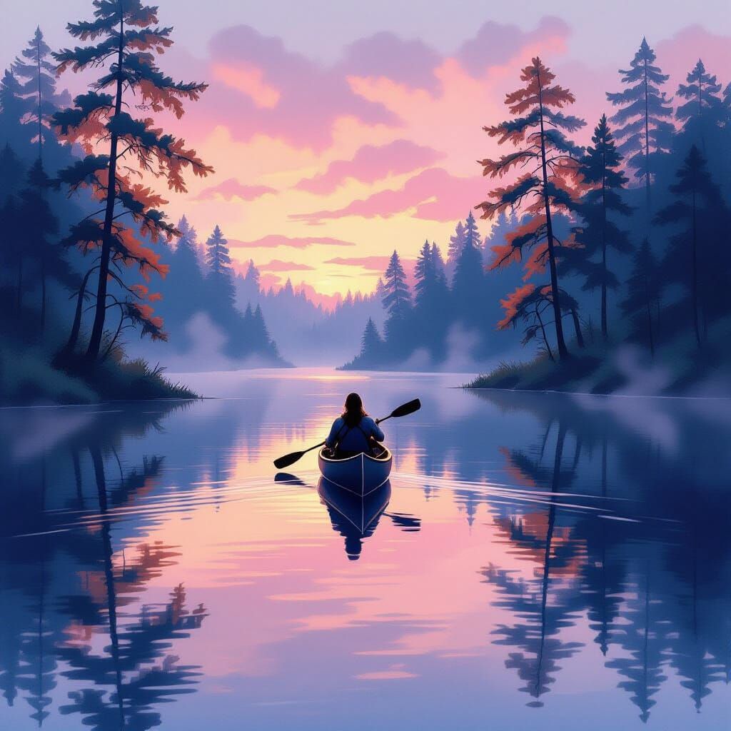 Mystical Forest Lake Reflection at Dawn in Impressionist Sty...