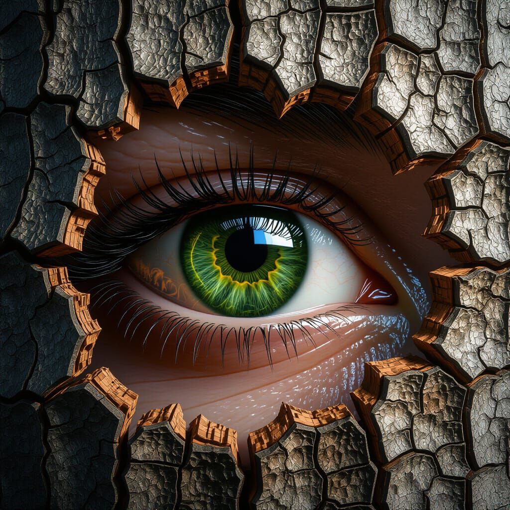 Eye Peeking Through Cracked Wood: Hyper-Realistic Close-Up
