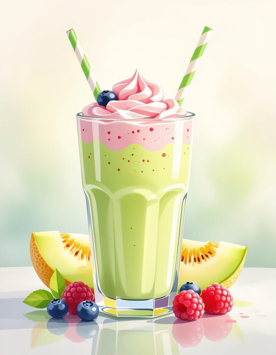 Honeydew Melon Smoothie in Whimsical Watercolor Style