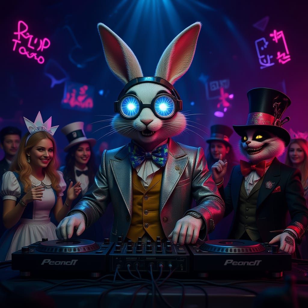 Cyberpunk White Rabbit DJs at a Psychedelic Mad Hatter's Tea...