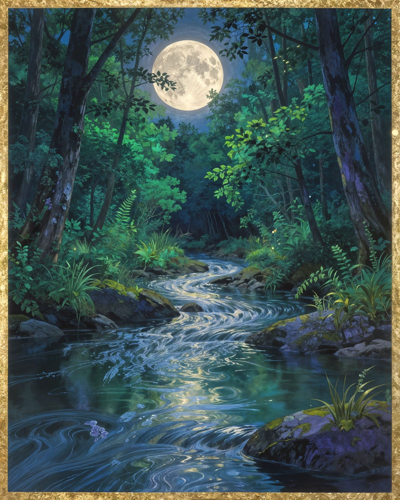 Moonlit Forest River in Jewel Tones
